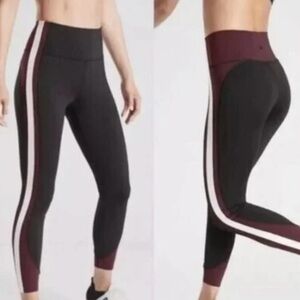 Athleta Black and Maroon Leggings with White Stripe